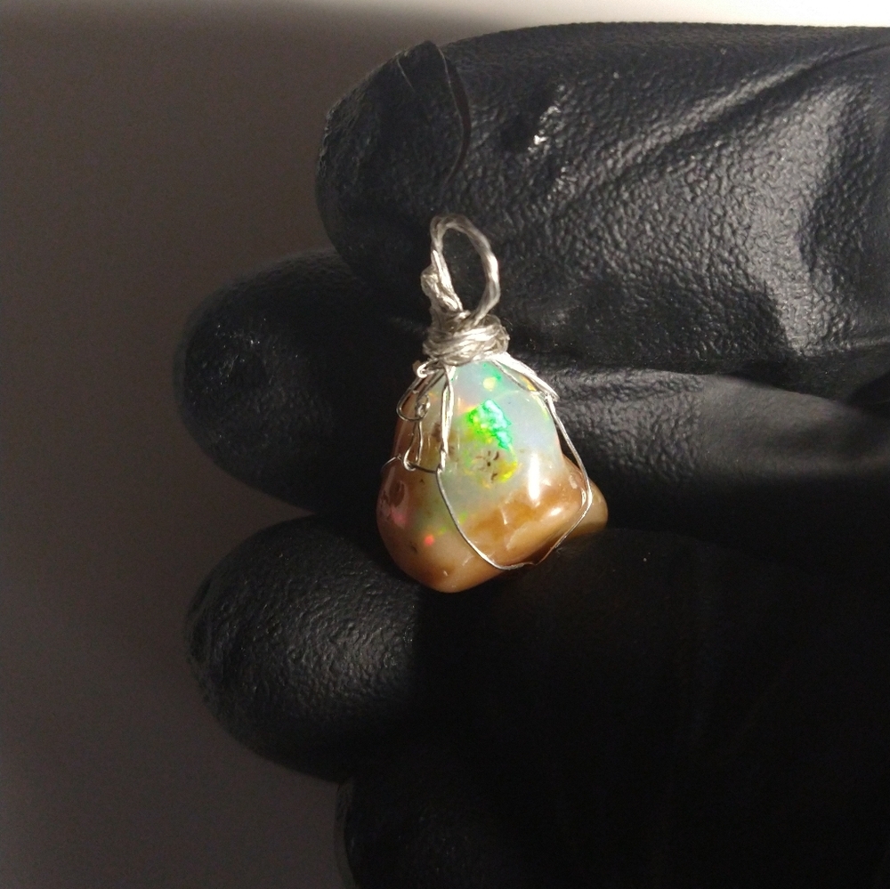 Natural Ethiopian Opal Wire Wrap Pendant Sterling Silver